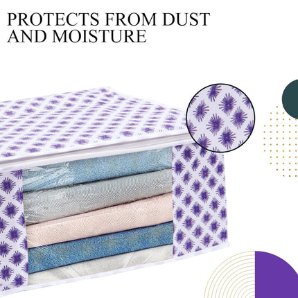 White & Purple Floral Design Clothes Storage Organizer Box with Transparent Window and Zip Closure