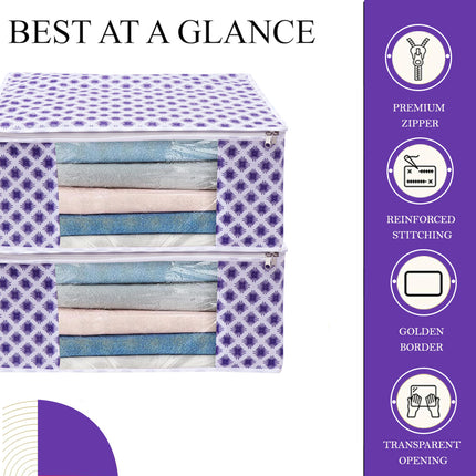 White & Purple Floral Design Clothes Storage Organizer Box with Transparent Window and Zip Closure