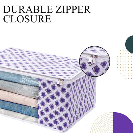 White & Purple Floral Design Clothes Storage Organizer Box with Transparent Window and Zip Closure
