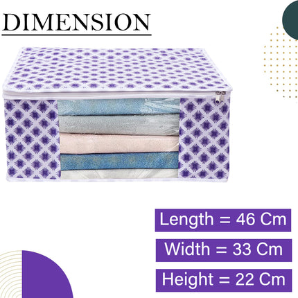 White & Purple Floral Design Clothes Storage Organizer Box with Transparent Window and Zip Closure