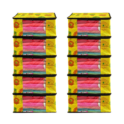 Yellow Floral Printed Clothes Storage Organizer Box with Transparent Window and Zip Closure