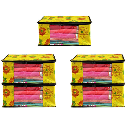 Yellow Floral Printed Clothes Storage Organizer Box with Transparent Window and Zip Closure