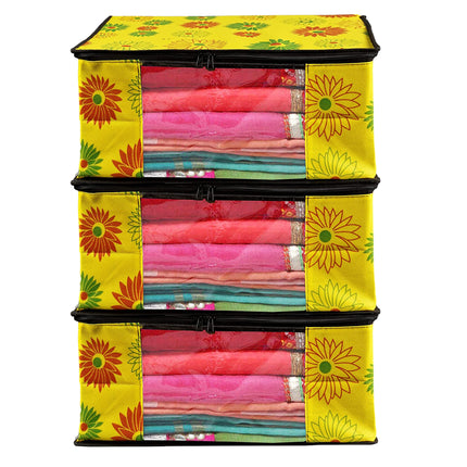 Yellow Floral Printed Clothes Storage Organizer Box with Transparent Window and Zip Closure