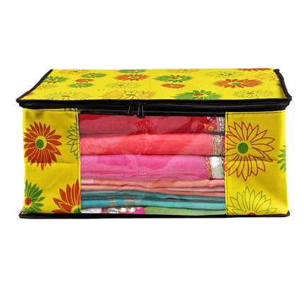 Yellow Floral Printed Clothes Storage Organizer Box with Transparent Window and Zip Closure