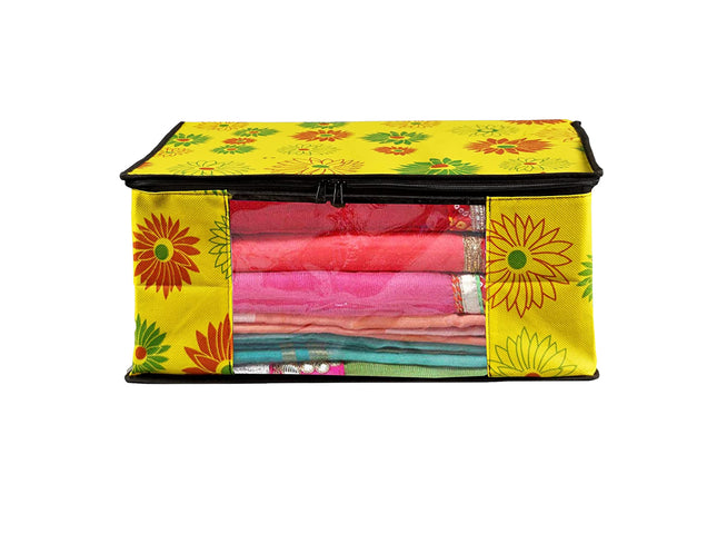 Yellow Floral Printed Clothes Storage Organizer Box with Transparent Window and Zip Closure