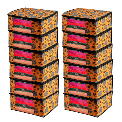 Orange Floral Printed Clothes Storage Organizer Box with Transparent Window and Zip Closure