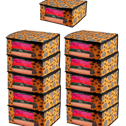 Orange Floral Printed Clothes Storage Organizer Box with Transparent Window and Zip Closure