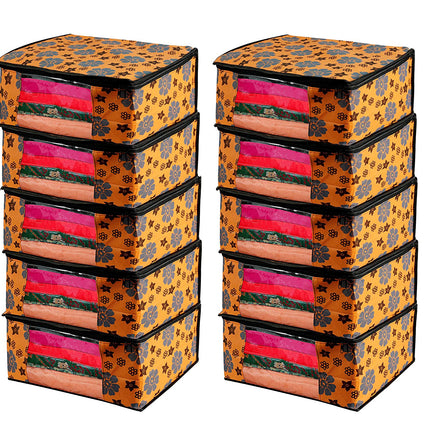 Orange Floral Printed Clothes Storage Organizer Box with Transparent Window and Zip Closure