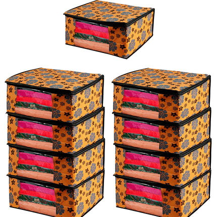 Orange Floral Printed Clothes Storage Organizer Box with Transparent Window and Zip Closure