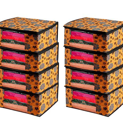 Orange Floral Printed Clothes Storage Organizer Box with Transparent Window and Zip Closure