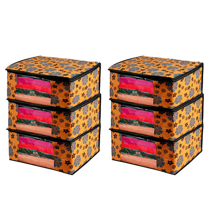 Orange Floral Printed Clothes Storage Organizer Box with Transparent Window and Zip Closure