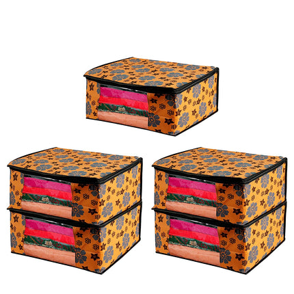Orange Floral Printed Clothes Storage Organizer Box with Transparent Window and Zip Closure