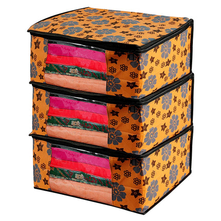 Orange Floral Printed Clothes Storage Organizer Box with Transparent Window and Zip Closure