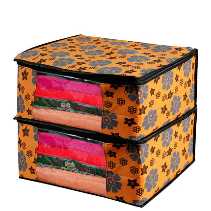 Orange Floral Printed Clothes Storage Organizer Box with Transparent Window and Zip Closure