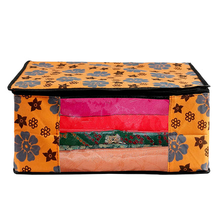 Orange Floral Printed Clothes Storage Organizer Box with Transparent Window and Zip Closure
