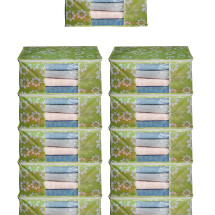 Green Floral Printed Clothes Storage Organizer Box with Transparent Window and Zip Closure