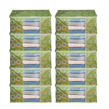 Green Floral Printed Clothes Storage Organizer Box with Transparent Window and Zip Closure