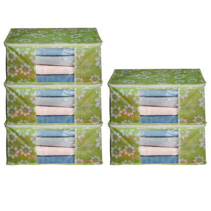 Green Floral Printed Clothes Storage Organizer Box with Transparent Window and Zip Closure