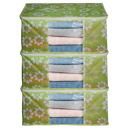 Green Floral Printed Clothes Storage Organizer Box with Transparent Window and Zip Closure
