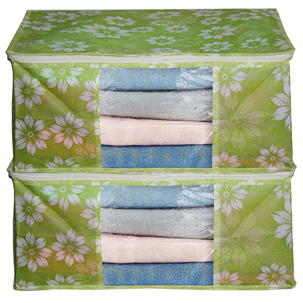 Green Floral Printed Clothes Storage Organizer Box with Transparent Window and Zip Closure