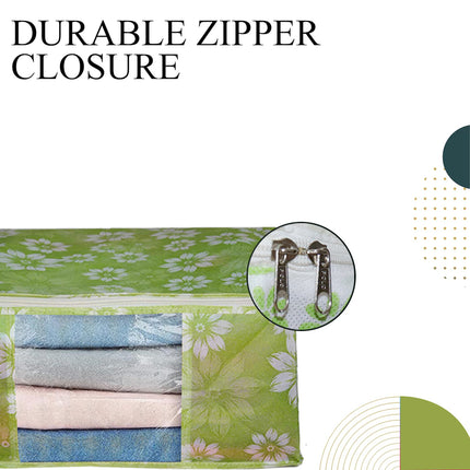 Green Floral Printed Clothes Storage Organizer Box with Transparent Window and Zip Closure
