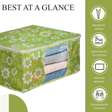 Green Floral Printed Clothes Storage Organizer Box with Transparent Window and Zip Closure