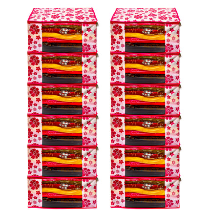 Pink & White Floral Printed Clothes Storage Organizer Box with Transparent Window and Zip Closure