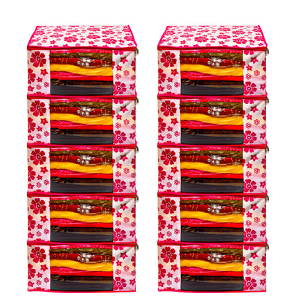 Pink & White Floral Printed Clothes Storage Organizer Box with Transparent Window and Zip Closure