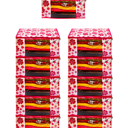 Pink & White Floral Printed Clothes Storage Organizer Box with Transparent Window and Zip Closure