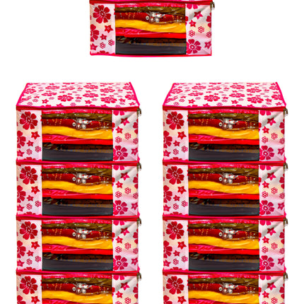 Pink & White Floral Printed Clothes Storage Organizer Box with Transparent Window and Zip Closure