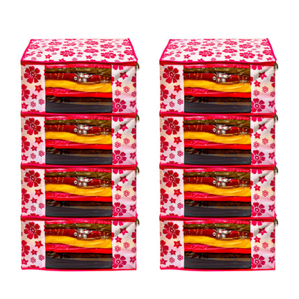 Pink & White Floral Printed Clothes Storage Organizer Box with Transparent Window and Zip Closure