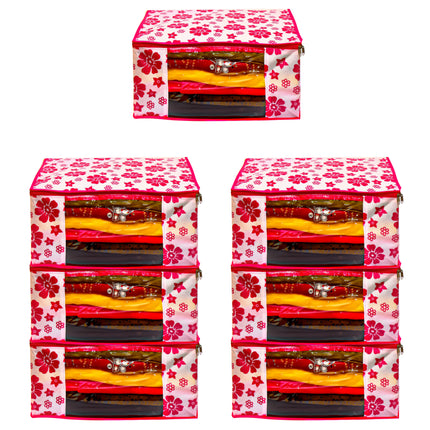 Pink & White Floral Printed Clothes Storage Organizer Box with Transparent Window and Zip Closure