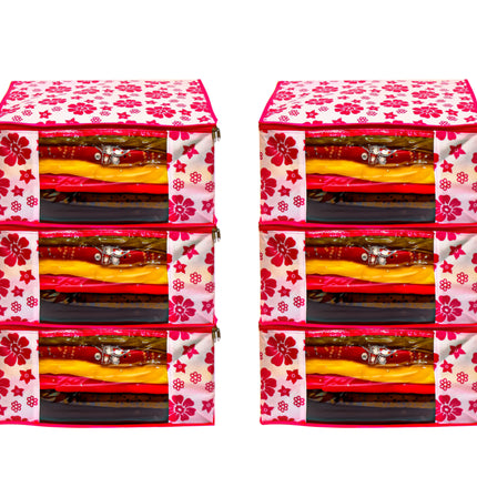 Pink & White Floral Printed Clothes Storage Organizer Box with Transparent Window and Zip Closure