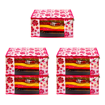 Pink & White Floral Printed Clothes Storage Organizer Box with Transparent Window and Zip Closure