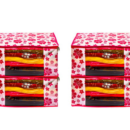 Pink & White Floral Printed Clothes Storage Organizer Box with Transparent Window and Zip Closure