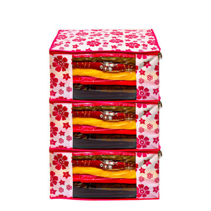 Pink & White Floral Printed Clothes Storage Organizer Box with Transparent Window and Zip Closure
