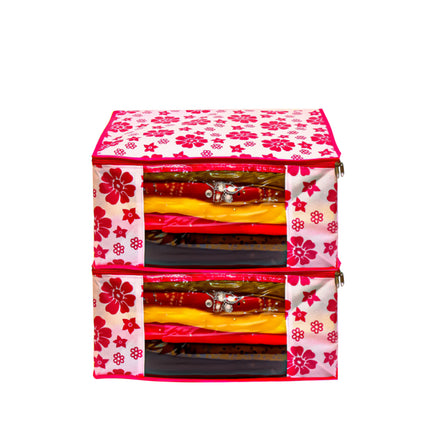 Pink & White Floral Printed Clothes Storage Organizer Box with Transparent Window and Zip Closure