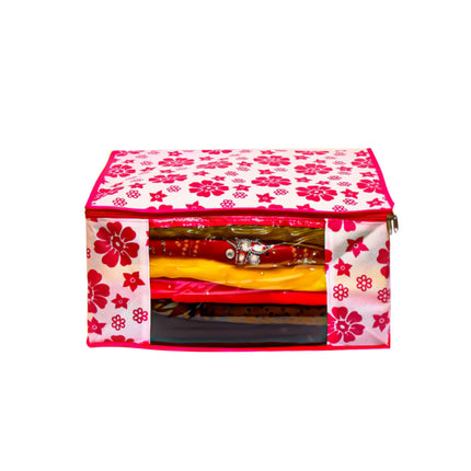 Pink & White Floral Printed Clothes Storage Organizer Box with Transparent Window and Zip Closure