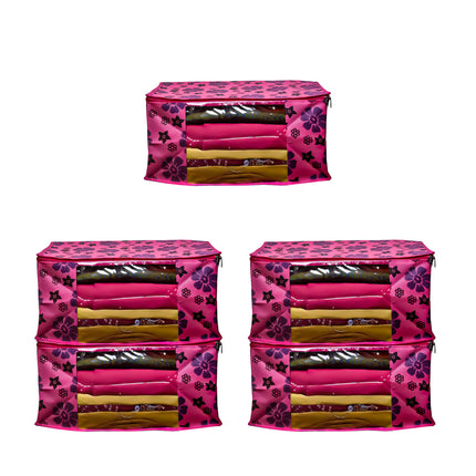 Pink Floral Printed Clothes Storage Organizer Box with Transparent Window and Zip Closure