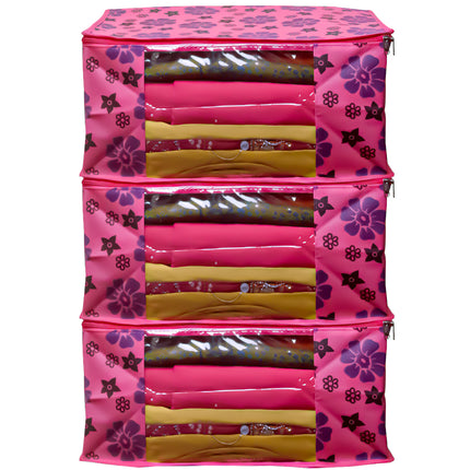 Pink Floral Printed Clothes Storage Organizer Box with Transparent Window and Zip Closure