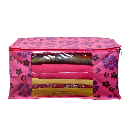 Pink Floral Printed Clothes Storage Organizer Box with Transparent Window and Zip Closure