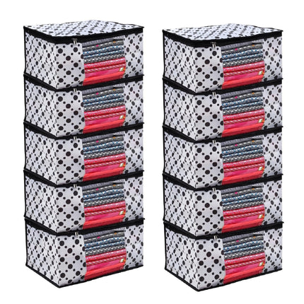White & Black Polka Dot Printed Clothes Storage Organizer Box with Transparent Window and Zip Closure