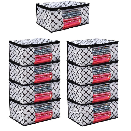 White & Black Polka Dot Printed Clothes Storage Organizer Box with Transparent Window and Zip Closure