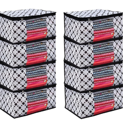 White & Black Polka Dot Printed Clothes Storage Organizer Box with Transparent Window and Zip Closure