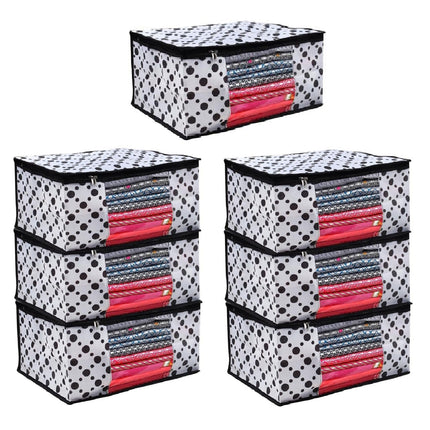 White & Black Polka Dot Printed Clothes Storage Organizer Box with Transparent Window and Zip Closure