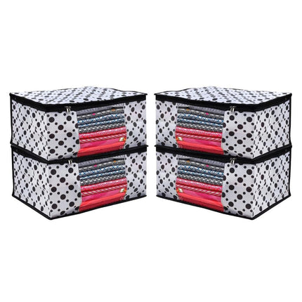 White & Black Polka Dot Printed Clothes Storage Organizer Box with Transparent Window and Zip Closure