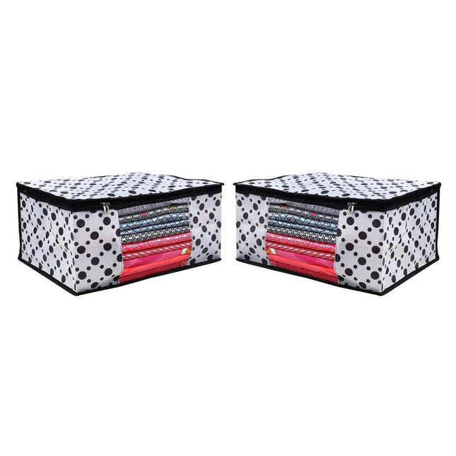 White & Black Polka Dot Printed Clothes Storage Organizer Box with Transparent Window and Zip Closure