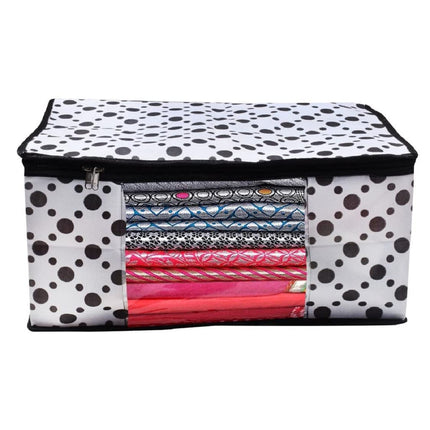 White & Black Polka Dot Printed Clothes Storage Organizer Box with Transparent Window and Zip Closure