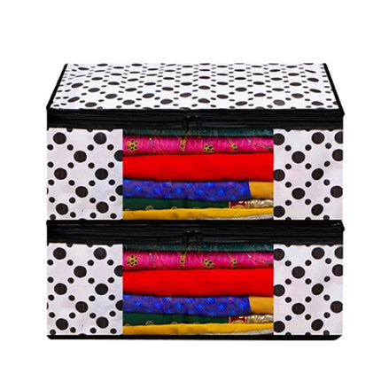 White & Black Polka Dot Printed Clothes Storage Organizer Box with Transparent Window and Zip Closure