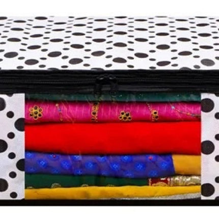 White & Black Polka Dot Printed Clothes Storage Organizer Box with Transparent Window and Zip Closure